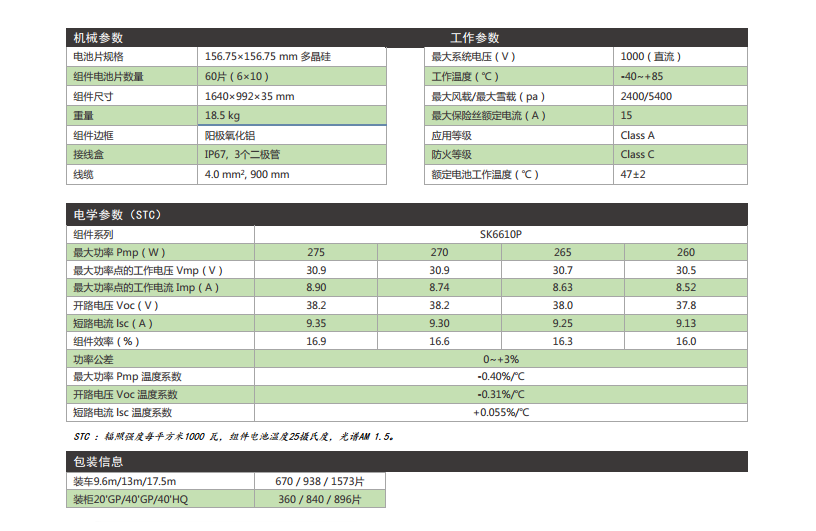 多晶太阳能  SK6610P 参数